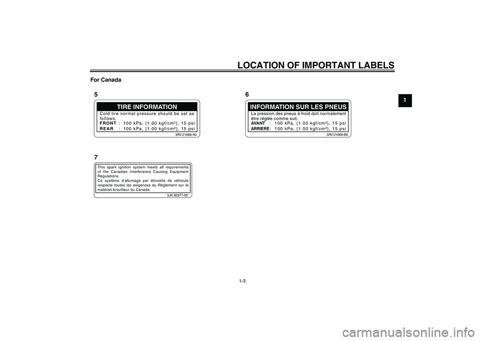 YAMAHA PW50 2011  Owners Manual LOCATION OF IMPORTANT LABELS1-3
1 For Canada
TIRE INFORMATION
Cold tire normal pressure should be set as
follows.
FRONT
REAR:  100 kPa, {1.00 kgf/cm²}, 15 psi
:  100 kPa, {1.00 kgf/cm²}, 15 psi
3RV-