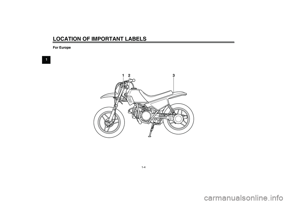 YAMAHA PW50 2011  Owners Manual LOCATION OF IMPORTANT LABELS
1-4
1For Europe
3
2
1
U5PG8AE0.book  Page 4  Thursday, April 8, 2010  8:37 AM 