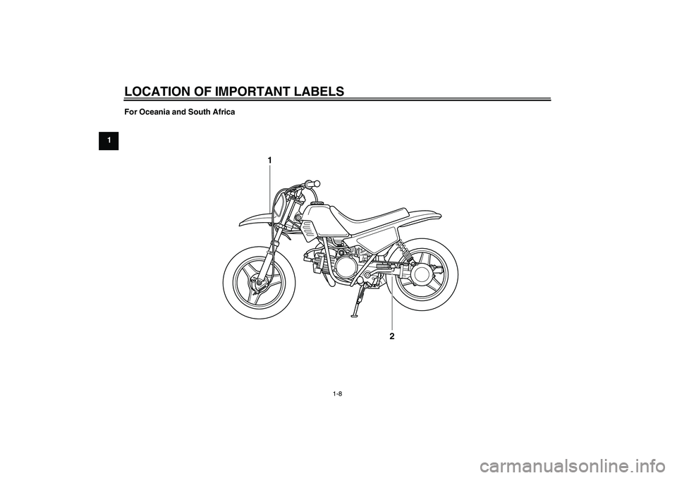 YAMAHA PW50 2011  Owners Manual LOCATION OF IMPORTANT LABELS
1-8
1For Oceania and South Africa
1
2
U5PG8AE0.book  Page 8  Thursday, April 8, 2010  8:37 AM 
