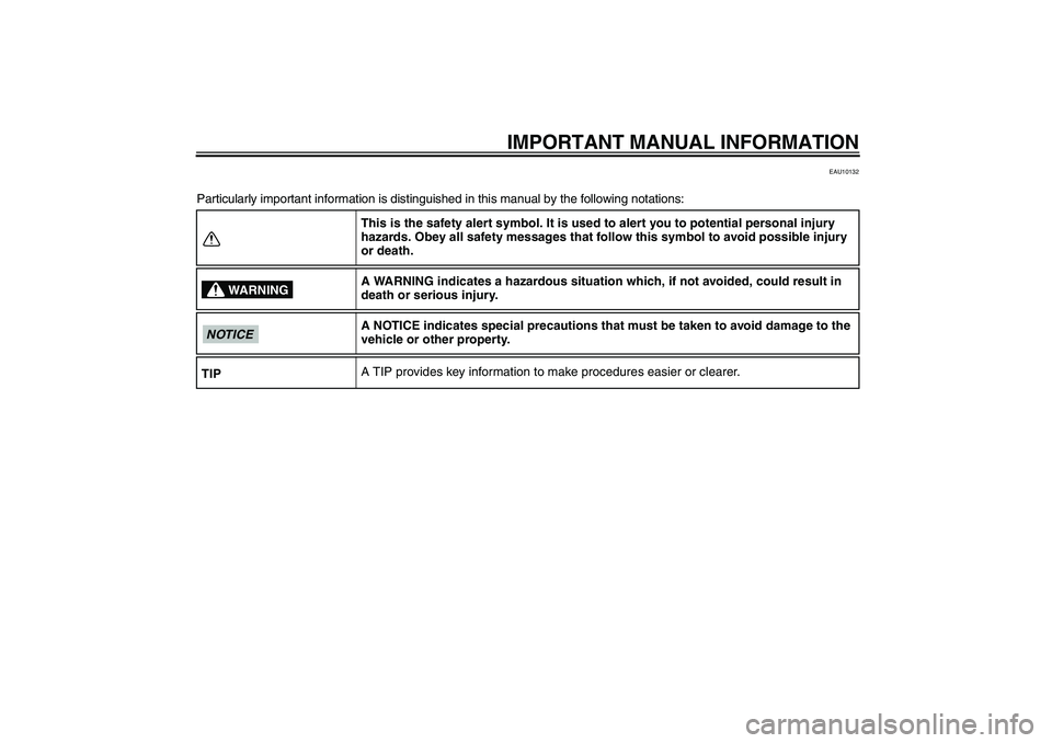 YAMAHA PW50 2011  Owners Manual IMPORTANT MANUAL INFORMATION
EAU10132
Particularly important information is distinguished in this manual by the following notations:
This is the safety alert symbol. It is used to alert you to potenti