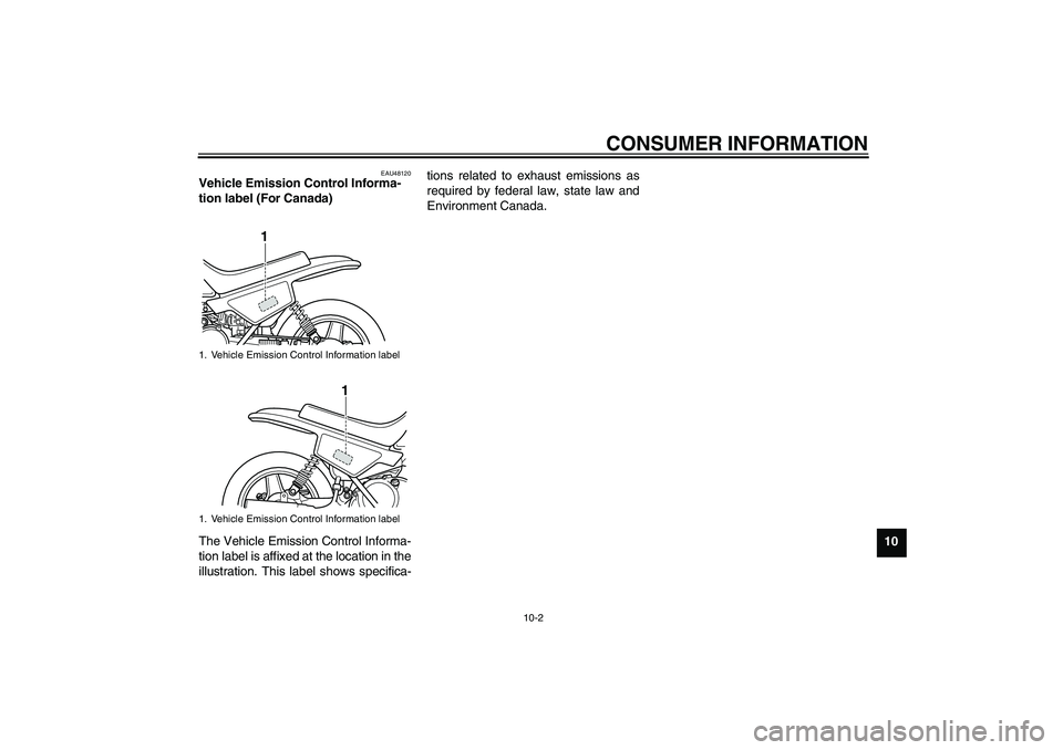YAMAHA PW50 2011  Owners Manual CONSUMER INFORMATION
10-2
10
EAU48120
Vehicle Emission Control Informa-
tion label (For Canada) 
The Vehicle Emission Control Informa-
tion label is affixed at the location in the
illustration. This l