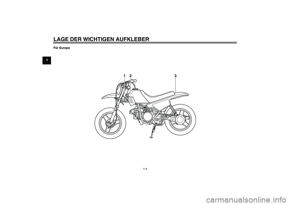 YAMAHA PW50 2011  Betriebsanleitungen (in German) LAGE DER WICHTIGEN AUFKLEBER
1-4
1
Für Europa
3
2
1
U5PG8AG0.book  Page 4  Thursday, April 8, 2010  9:46 AM 