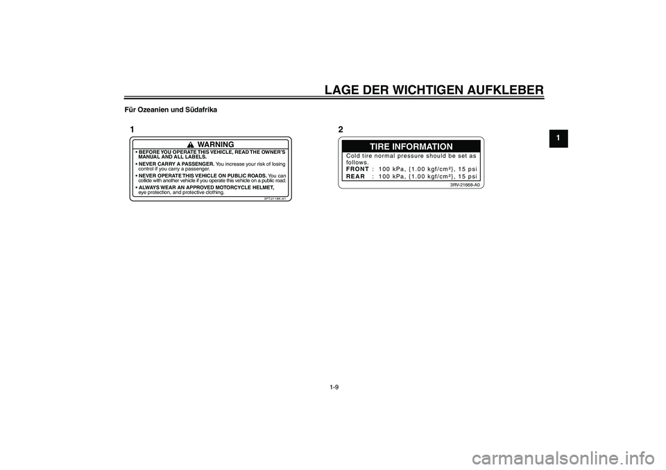 YAMAHA PW50 2011  Betriebsanleitungen (in German) LAGE DER WICHTIGEN AUFKLEBER1-9
1
Für Ozeanien und Südafrika
TIRE INFORMATION
Cold tire normal pressure should be set as
follows.
FRONT
REAR:  100 kPa, {1.00 kgf/cm²}, 15 psi
:  100 kPa, {1.00 kgf/