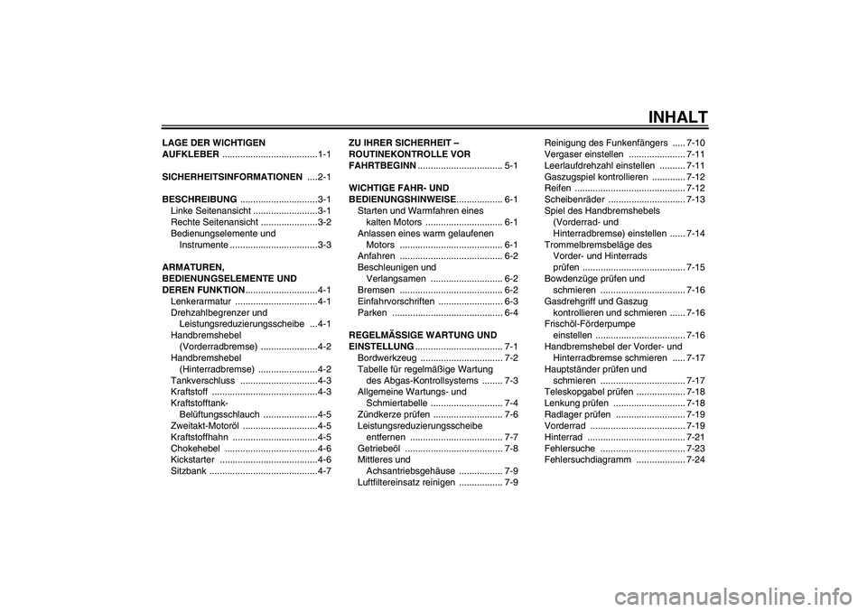 YAMAHA PW50 2011  Betriebsanleitungen (in German) INHALT
LAGE DER WICHTIGEN 
AUFKLEBER ..................................... 1-1
SICHERHEITSINFORMATIONEN ....2-1
BESCHREIBUNG .............................. 3-1
Linke Seitenansicht ....................