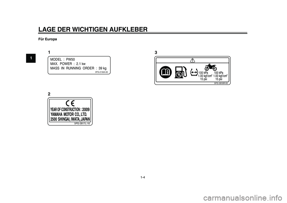 YAMAHA PW50 2010  Betriebsanleitungen (in German)  
LAGE DER WICHTIGEN AUFKLEBER 
1-4 
1
2
3
4
5
6
7
8
9 
Für Europa
1
23
100
1.00
15100
1.00
15
5PG-2816R-00
5PG-2817L-10
MODEL  :  PW50
MAX.  POWER  :  2.1 kw
MASS  IN  RUNNING  ORDER  :  39 kg
5PG-2