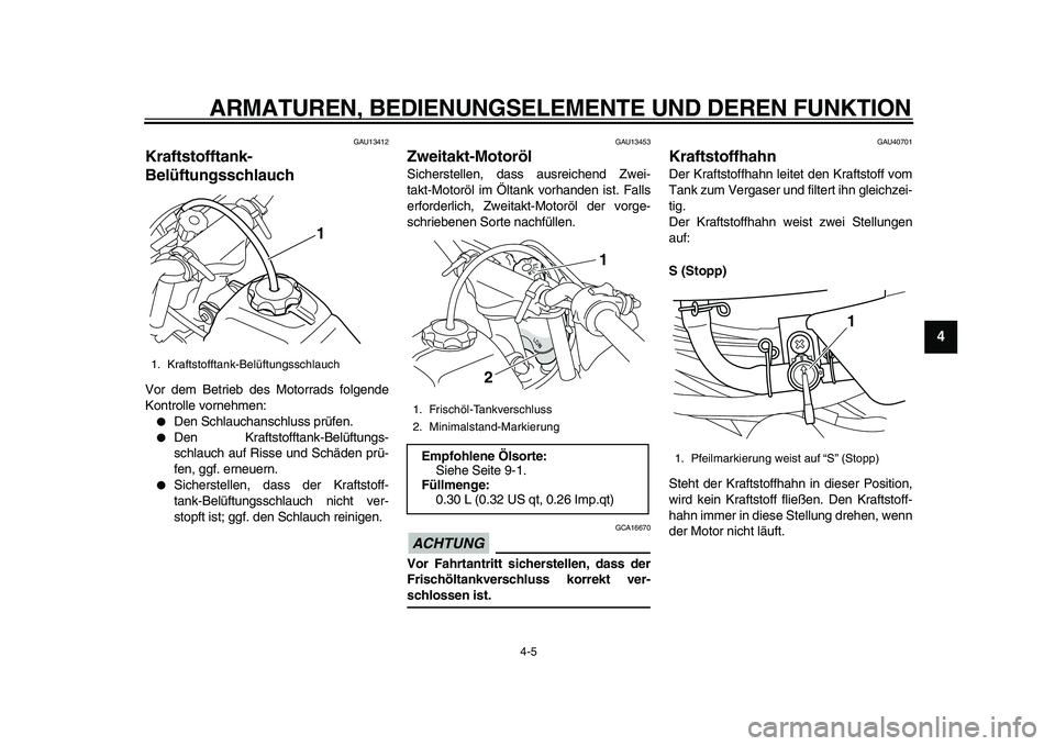 YAMAHA PW50 2010  Betriebsanleitungen (in German)  
ARMATUREN, BEDIENUNGSELEMENTE UND DEREN FUNKTION 
4-5 
2
3
45
6
7
8
9
 
GAU13412 
Kraftstofftank-
Belüftungsschlauch  
Vor dem Betrieb des Motorrads folgende
Kontrolle vornehmen: 
 
Den Schlauchan