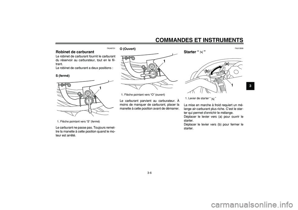 YAMAHA PW50 2009  Notices Demploi (in French)  
COMMANDES ET INSTRUMENTS 
3-6 
2
34
5
6
7
8
9
 
FAU40701 
Robinet de carburant  
Le robinet de carburant fournit le carburant
du réservoir au carburateur, tout en le fil-
trant.
Le robinet de carbu