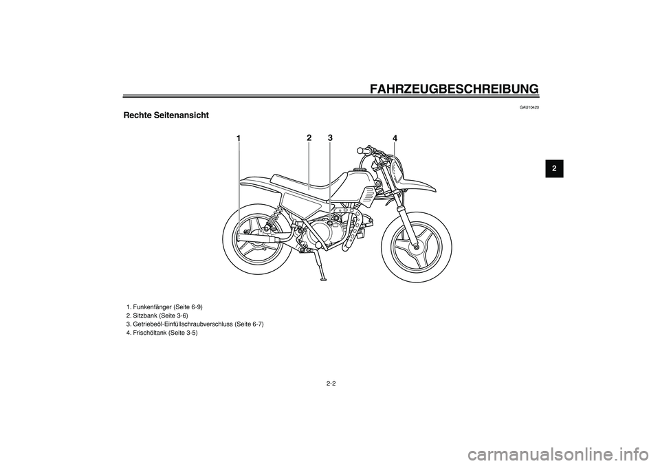 YAMAHA PW50 2008  Betriebsanleitungen (in German)  
FAHRZEUGBESCHREIBUNG 
2-2 
2
3
4
5
6
7
8
9
 
GAU10420 
Rechte Seitenansicht
3
12
4
 
1. Funkenfänger (Seite 6-9)
2. Sitzbank (Seite 3-6)
3. Getriebeöl-Einfüllschraubverschluss (Seite 6-7)
4. Fris