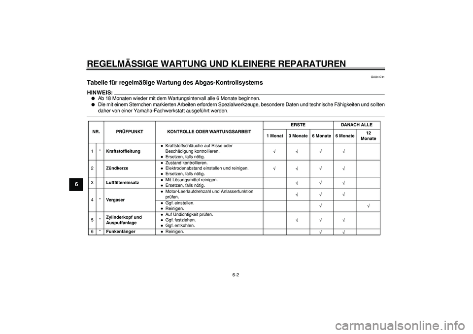 YAMAHA PW50 2007 Betriebsanleitungen (in German)
REGELM ÄSSIGE WARTUNG UND KLEINERE REPARATUREN
6-2
1
2
3
4
5
6
7
8
9
GAU41741
Tabelle f ür regelm äßige Wartung des Abgas-Kontrollsystems
HINWEIS:
Ab 18 Monaten wieder mit dem Wartung YAMAHA PW50 2007 Betriebsanleitungen (in German)
REGELM ÄSSIGE WARTUNG UND KLEINERE REPARATUREN
6-2
1
2
3
4
5
6
7
8
9
GAU41741
Tabelle f ür regelm äßige Wartung des Abgas-Kontrollsystems
HINWEIS:
Ab 18 Monaten wieder mit dem Wartung