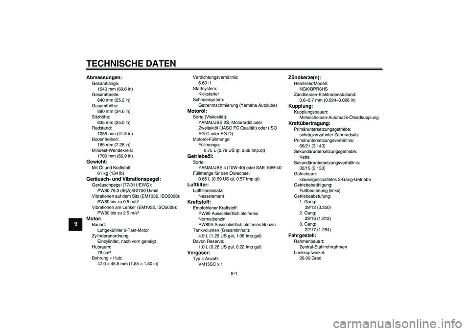 YAMAHA PW80 2011 Betriebsanleitungen (in German) TECHNISCHE DATEN
9-1
9
Abmessungen:Gesamtlänge:
1540 mm (60.6 in)
Gesamtbreite:
640 mm (25.2 in)
Gesamthöhe:
880 mm (34.6 in)
Sitzhöhe:
635 mm (25.0 in)
Radstand:
1055 mm (41.5 in)
Bodenfreiheit:
1 YAMAHA PW80 2011 Betriebsanleitungen (in German) TECHNISCHE DATEN
9-1
9
Abmessungen:Gesamtlänge:
1540 mm (60.6 in)
Gesamtbreite:
640 mm (25.2 in)
Gesamthöhe:
880 mm (34.6 in)
Sitzhöhe:
635 mm (25.0 in)
Radstand:
1055 mm (41.5 in)
Bodenfreiheit:
1