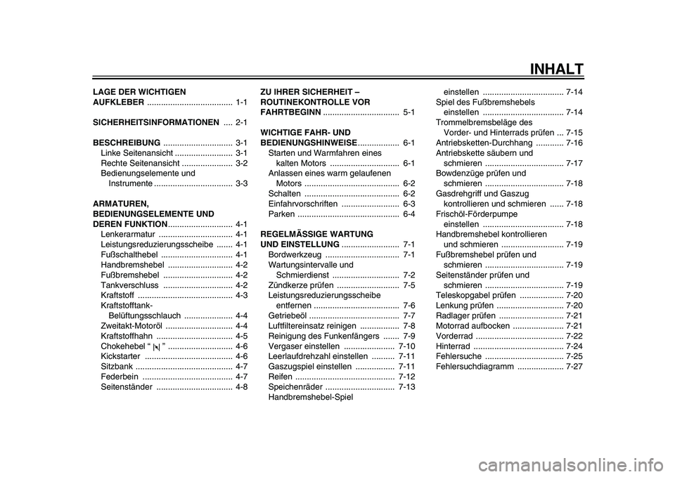 YAMAHA PW80 2010 Betriebsanleitungen (in German)
INHALT
LAGE DER WICHTIGEN
AUFKLEBER
..................................... 1-1
SICHERHEITSINFORMATIONEN
.... 2-1
BESCHREIBUNG
.............................. 3-1
Linke Seitenansicht ..... YAMAHA PW80 2010 Betriebsanleitungen (in German)
INHALT
LAGE DER WICHTIGEN
AUFKLEBER
..................................... 1-1
SICHERHEITSINFORMATIONEN
.... 2-1
BESCHREIBUNG
.............................. 3-1
Linke Seitenansicht .....