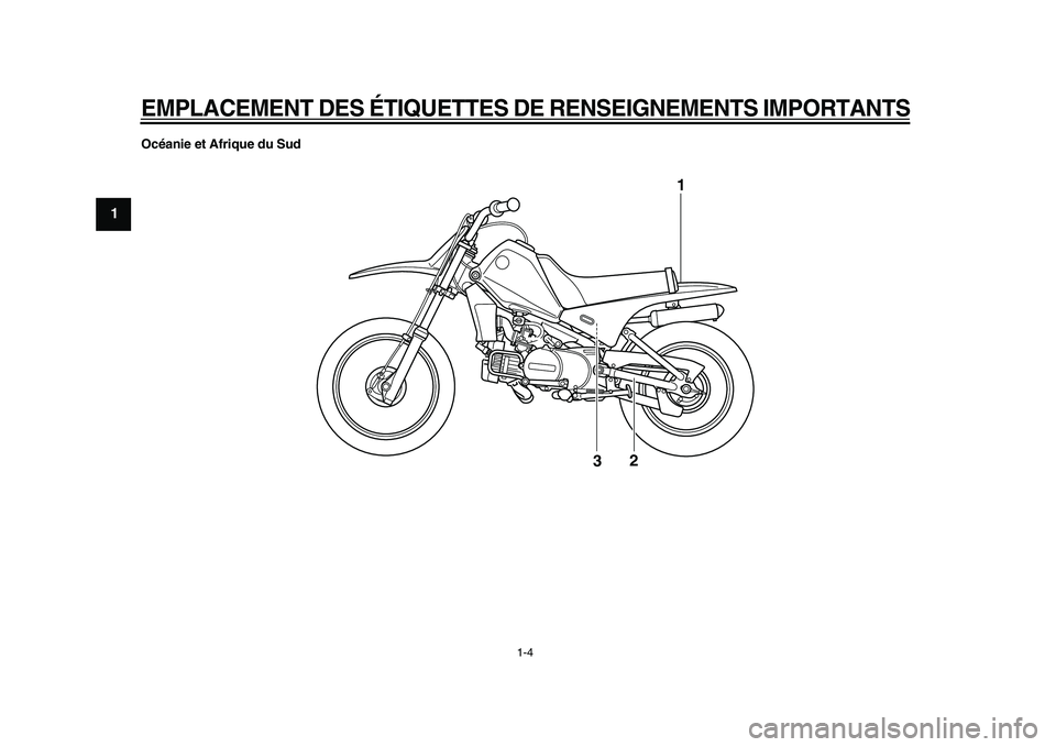 YAMAHA PW80 2010  Notices Demploi (in French)  
EMPLACEMENT DES ÉTIQUETTES DE RENSEIGNEMENTS IMPORTANTS
 
1-4 
1
2
3
4
5
6
7
8
9 
Océanie et Afrique du Sud
1
32 