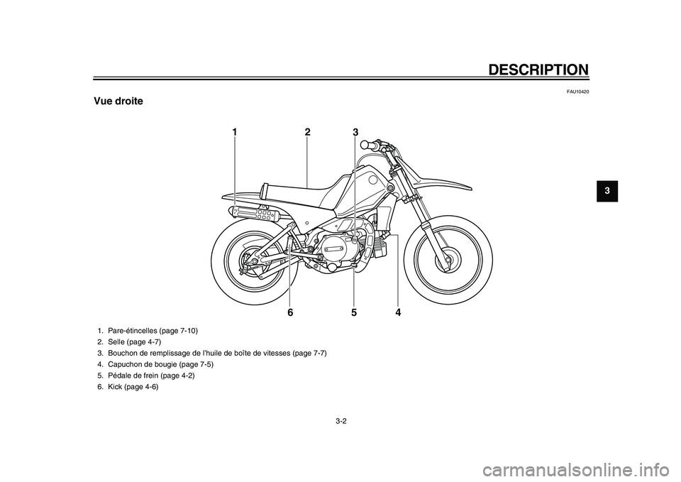 YAMAHA PW80 2010  Notices Demploi (in French)  
DESCRIPTION 
3-2 
2
34
5
6
7
8
9
 
FAU10420 
Vue droite
6 12
3
4 5
 
1. Pare-étincelles (page 7-10)
2. Selle (page 4-7)
3. Bouchon de remplissage de l’huile de boîte de vitesses (page 7-7)
4. Ca