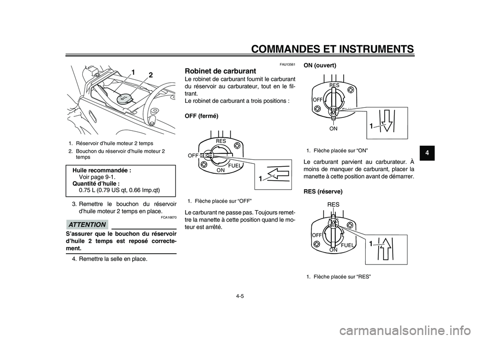 YAMAHA PW80 2010  Notices Demploi (in French)  
COMMANDES ET INSTRUMENTS 
4-5 
2
3
45
6
7
8
9
 
3. Remettre le bouchon du réservoir
d’huile moteur 2 temps en place.
ATTENTION
 
 FCA16670 
S’assurer que le bouchon du réservoir
d’huile 2 te
