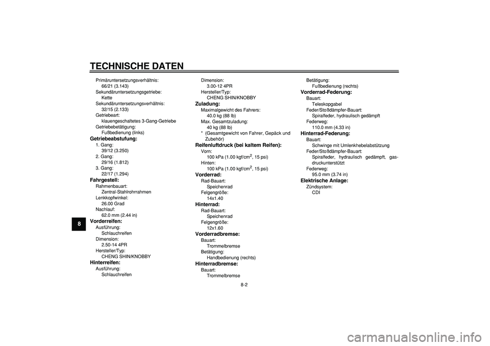 YAMAHA PW80 2009 Betriebsanleitungen (in German)
TECHNISCHE DATEN
8-2
1
2
3
4
5
6
7
8
9
Primäruntersetzungsverhältnis:
66/21 (3.143)
Sekundäruntersetzungsgetriebe:
Kette
Sekundäruntersetzungsverhältnis:
32/15 (2.133)
Getriebeart:
klau YAMAHA PW80 2009 Betriebsanleitungen (in German)
TECHNISCHE DATEN
8-2
1
2
3
4
5
6
7
8
9
Primäruntersetzungsverhältnis:
66/21 (3.143)
Sekundäruntersetzungsgetriebe:
Kette
Sekundäruntersetzungsverhältnis:
32/15 (2.133)
Getriebeart:
klau