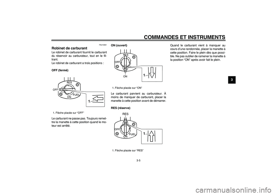 YAMAHA PW80 2007  Notices Demploi (in French)  
COMMANDES ET INSTRUMENTS 
3-5 
2
34
5
6
7
8
9
 
FAU13561 
Robinet de carburant  
Le robinet de carburant fournit le carburant
du réservoir au carburateur, tout en le fil-
trant.
Le robinet de carbu