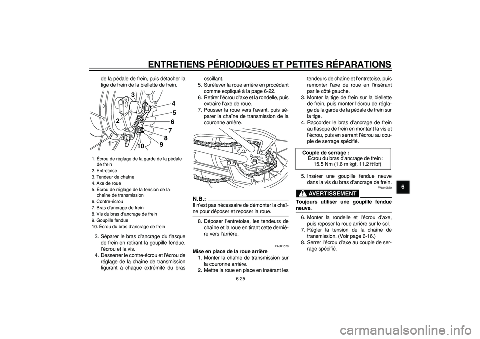 YAMAHA PW80 2007  Notices Demploi (in French)  
ENTRETIENS PÉRIODIQUES ET PETITES RÉPARATIONS 
6-25 
2
3
4
5
67
8
9
 
de la pédale de frein, puis détacher la
tige de frein de la biellette de frein.
3. Séparer le bras d’ancrage du flasque
d