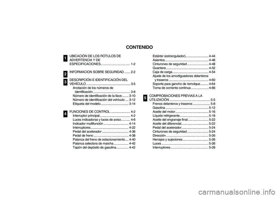 YAMAHA RHINO 660 2007 Notices Demploi (in French) SVU00050
CONTENIDO
UBICACIÓN DE LOS RÓTULOS DE
ADVERTENCIA Y DE
ESPECIFICACIONES.................................... 1-2
INFORMACION SOBRE SEGURIDAD ....... 2-2
DESCRIPCIÓN E IDENTIFICACIÓN DEL YAMAHA RHINO 660 2007 Notices Demploi (in French) SVU00050
CONTENIDO
UBICACIÓN DE LOS RÓTULOS DE
ADVERTENCIA Y DE
ESPECIFICACIONES.................................... 1-2
INFORMACION SOBRE SEGURIDAD ....... 2-2
DESCRIPCIÓN E IDENTIFICACIÓN DEL