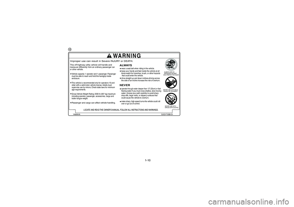 YAMAHA RHINO 660 2007 Notices Demploi (in French) 1-10
H
ALWAYS USE AN
APPROVED HELMET
AND PROTECTIVE GEAR
NEVER USE ON PUBLIC
ROADS OR PAVEMENT
NEVER USE WITH
DRUGS OR ALCOHOL
WARNING
This off-highway utility vehicle will handle andmaneuver YAMAHA RHINO 660 2007 Notices Demploi (in French) 1-10
H
ALWAYS USE AN
APPROVED HELMET
AND PROTECTIVE GEAR
NEVER USE ON PUBLIC
ROADS OR PAVEMENT
NEVER USE WITH
DRUGS OR ALCOHOL
WARNING
This off-highway utility vehicle will handle andmaneuver