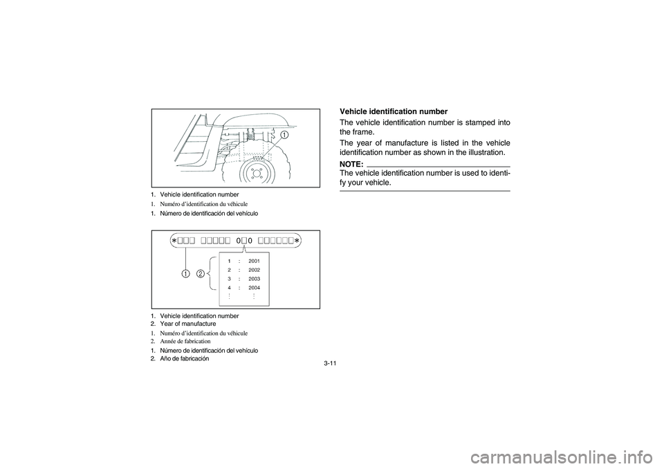 YAMAHA RHINO 660 2007  Notices Demploi (in French) 3-11 1. Vehicle identification number
1. Numéro d’identification du véhicule
1. Número de identificación del vehículo
1. Vehicle identification number
2. Year of manufacture
1. Numéro d’iden