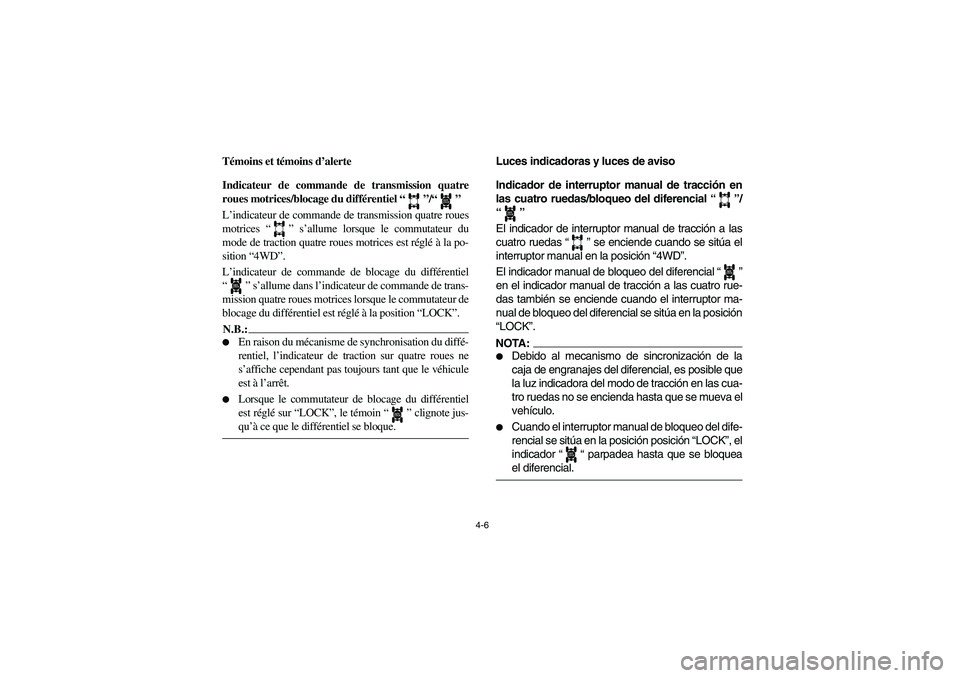 YAMAHA RHINO 660 2007 Notices Demploi (in French) 4-6
FVU00150
Témoins et témoins d’alerte
FVU01131
Indicateur de commande de transmission quatre
roues motrices/blocage du différentiel “”/“”
L’indicateur de commande de transmission qu YAMAHA RHINO 660 2007 Notices Demploi (in French) 4-6
FVU00150
Témoins et témoins d’alerte
FVU01131
Indicateur de commande de transmission quatre
roues motrices/blocage du différentiel “”/“”
L’indicateur de commande de transmission qu