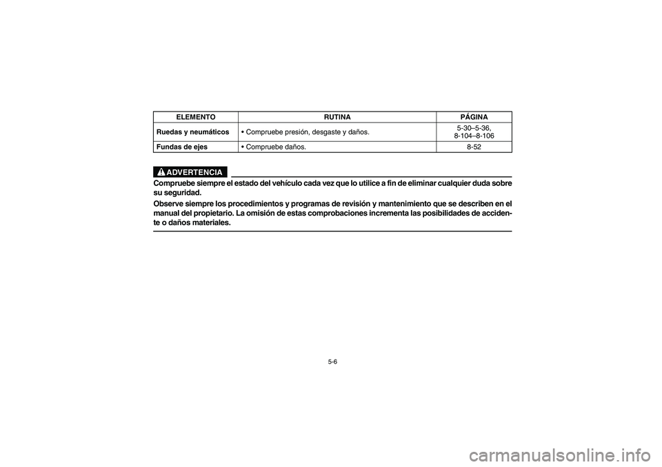 YAMAHA RHINO 660 2005  Manuale de Empleo (in Spanish) 5-6
ADVERTENCIA
Compruebe siempre el estado del vehículo cada vez que lo utilice a fin de eliminar cualquier duda sobre
su seguridad.
Observe siempre los procedimientos y programas de revisión y man