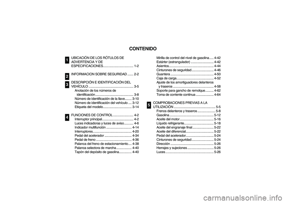 YAMAHA RHINO 660 2005 Manuale de Empleo (in Spanish) SVU00050
CONTENIDO
UBICACIÓN DE LOS RÓTULOS DE
ADVERTENCIA Y DE
ESPECIFICACIONES.................................... 1-2
INFORMACION SOBRE SEGURIDAD ....... 2-2
DESCRIPCIÓN E IDENTIFICACIÓN DEL YAMAHA RHINO 660 2005 Manuale de Empleo (in Spanish) SVU00050
CONTENIDO
UBICACIÓN DE LOS RÓTULOS DE
ADVERTENCIA Y DE
ESPECIFICACIONES.................................... 1-2
INFORMACION SOBRE SEGURIDAD ....... 2-2
DESCRIPCIÓN E IDENTIFICACIÓN DEL