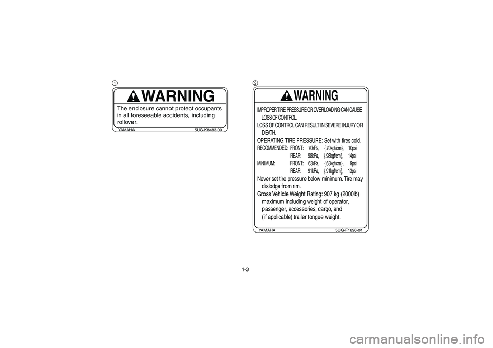 YAMAHA RHINO 660 2005  Manuale de Empleo (in Spanish) 1-3
1
YAMAHA 5UG-K8483-00
WARNING
The enclosure cannot protect occupants 
in all foreseeable accidents, including 
rollover.
2
YAMAHA 5UG-F1696-01
WARNING
IMPROPER TIRE PRESSURE OR OVERLOADING CAN CAU