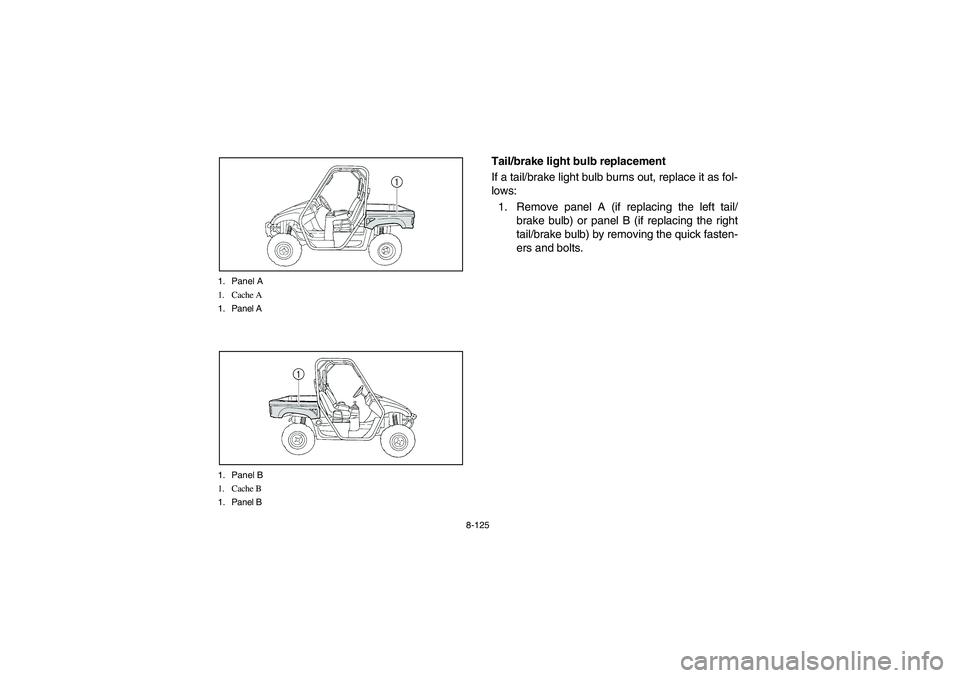 YAMAHA RHINO 660 2005  Manuale de Empleo (in Spanish) 8-125 1. Panel A
1. Cache A
1. Panel A
1. Panel B
1. Cache B
1. Panel B
EVU01000
Tail/brake light bulb replacement
If a tail/brake light bulb burns out, replace it as fol-
lows:
1. Remove panel A (if 