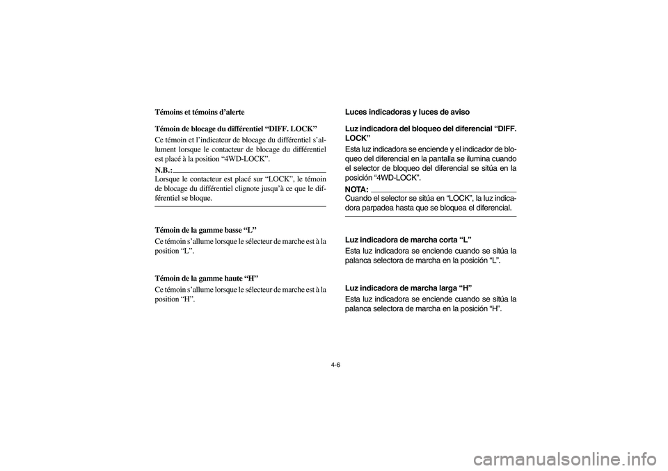 YAMAHA RHINO 660 2005 Manuale de Empleo (in Spanish) 4-6
FVU00150
Témoins et témoins d’alerte
FVU01130
Témoin de blocage du différentiel “DIFF. LOCK”
Ce témoin et l’indicateur de blocage du différentiel s’al-
lument lorsque le contacteur YAMAHA RHINO 660 2005 Manuale de Empleo (in Spanish) 4-6
FVU00150
Témoins et témoins d’alerte
FVU01130
Témoin de blocage du différentiel “DIFF. LOCK”
Ce témoin et l’indicateur de blocage du différentiel s’al-
lument lorsque le contacteur