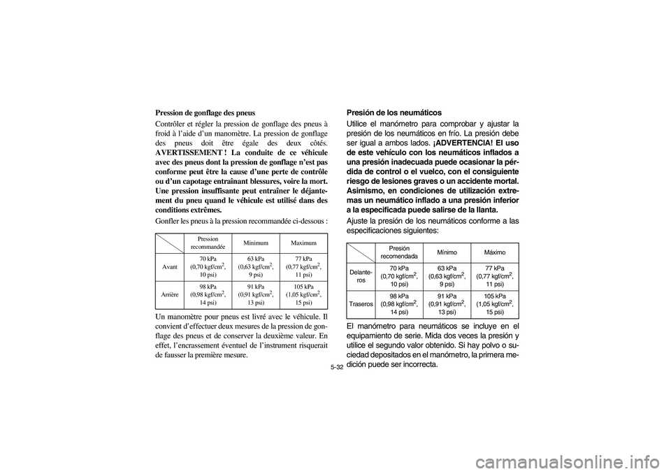 YAMAHA RHINO 700 2008  Owners Manual 5-32
FVU00510
Pression de gonflage des pneus
Contrôler et régler la pression de gonflage des pneus à
froid à l’aide d’un manomètre. La pression de gonflage
des pneus doit être égale des deu