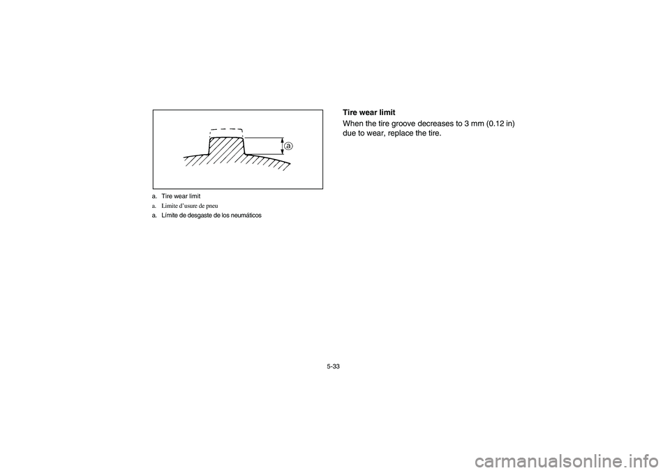 YAMAHA RHINO 700 2008  Owners Manual 5-33 a. Tire wear limit
a. Limite d’usure de pneu
a. Límite de desgaste de los neumáticos
EVU00520
Tire wear limit
When the tire groove decreases to 3 mm (0.12 in)
due to wear, replace the tire.
E