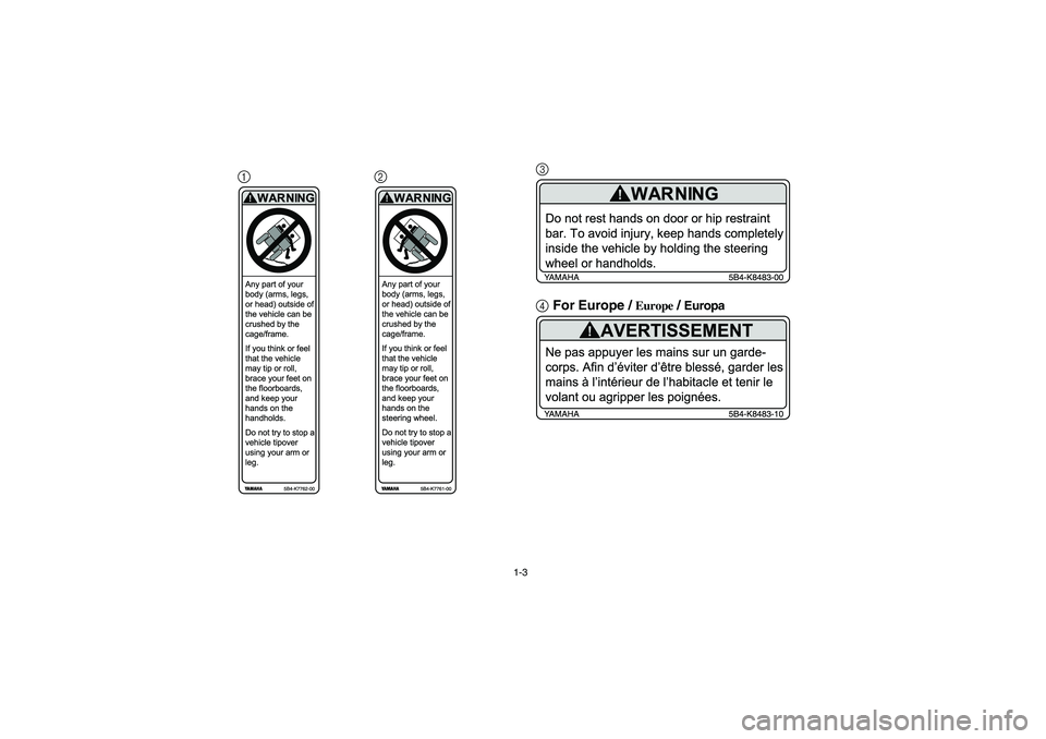 YAMAHA RHINO 700 2008  Owners Manual 1-3
123
4For Europe / 
Europe
 / Europa
EE.book  Page 3  Monday, October 8, 2007  4:48 PM 