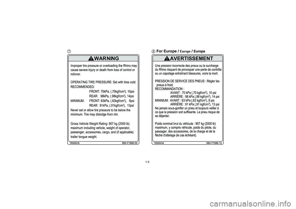 YAMAHA RHINO 700 2008  Owners Manual 1-5
78For Europe / 
Europe
 / Europa
EE.book  Page 5  Monday, October 8, 2007  4:48 PM 