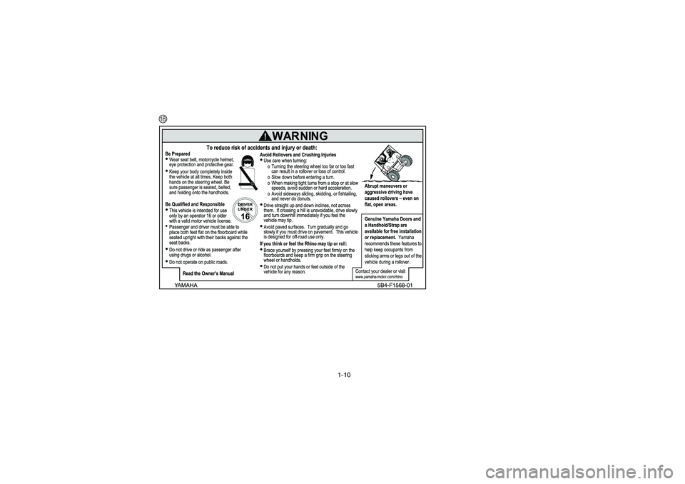 YAMAHA RHINO 700 2008  Owners Manual 1-10
HEE.book  Page 10  Monday, October 8, 2007  4:48 PM 