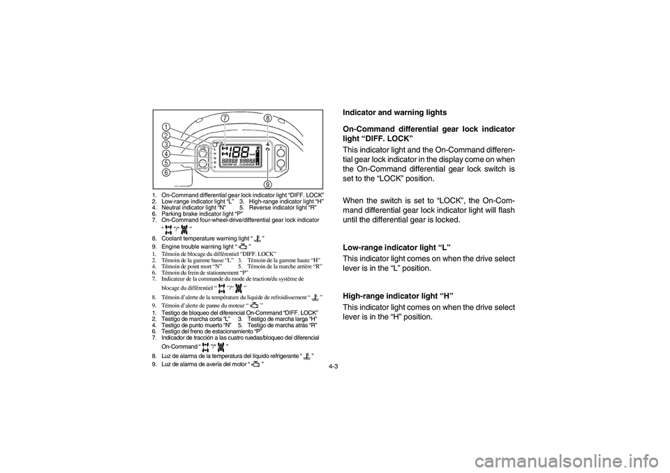 YAMAHA RHINO 700 2008 Owners Manual 4-3
1. On-Command differential gear lock indicator light “DIFF. LOCK”
2. Low-range indicator light “L”3. High-range indicator light “H”
4. Neutral indicator light “N”5. Reverse indicat YAMAHA RHINO 700 2008 Owners Manual 4-3
1. On-Command differential gear lock indicator light “DIFF. LOCK”
2. Low-range indicator light “L”3. High-range indicator light “H”
4. Neutral indicator light “N”5. Reverse indicat