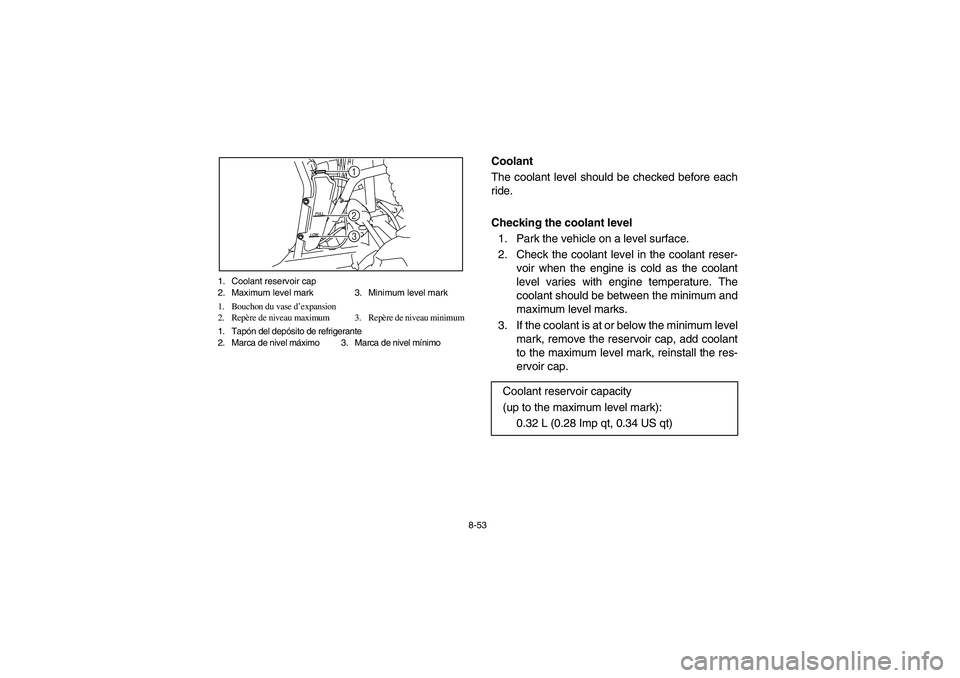 YAMAHA RHINO 700 2008  Notices Demploi (in French) 8-53 1. Coolant reservoir cap
2. Maximum level mark 3. Minimum level mark
1. Bouchon du vase d’expansion
2. Repère de niveau maximum 3. Repère de niveau minimum
1. Tapón del depósito de refriger