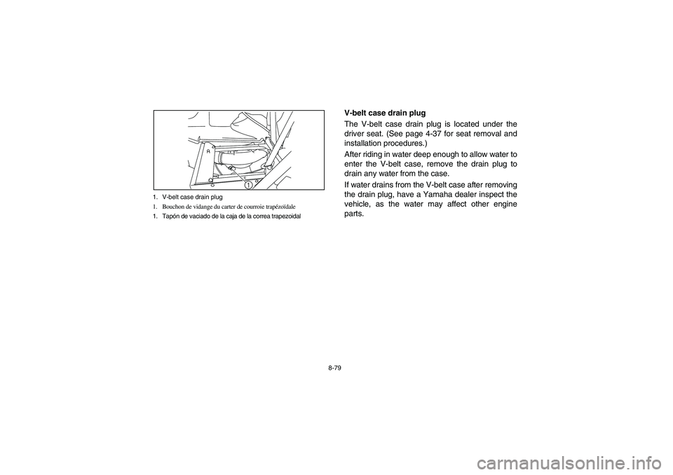 YAMAHA RHINO 700 2008  Notices Demploi (in French) 8-79 1. V-belt case drain plug
1. Bouchon de vidange du carter de courroie trapézoïdale
1. Tapón de vaciado de la caja de la correa trapezoidal
1
EVU00780
V-belt case drain plug
The V-belt case dra