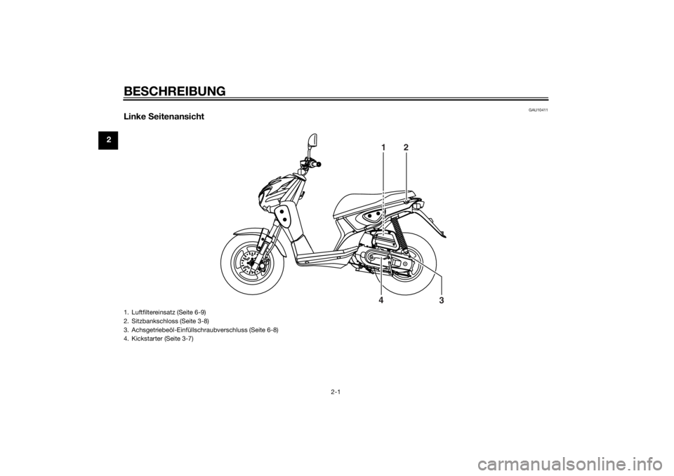 YAMAHA SLIDER 50 2014  Betriebsanleitungen (in German) BESCHREIBUNG
2-1
2
GAU10411
Linke Seitenansicht
12
3 4
1. Luftfiltereinsatz (Seite 6-9)
2. Sitzbankschloss (Seite 3-8)
3. Achsgetriebeöl-Einfüllschraubverschluss (Seite 6-8)
4. Kickstarter (Seite 3-