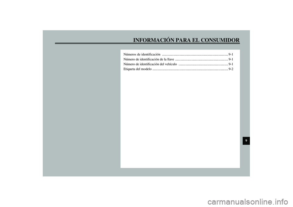 YAMAHA SLIDER 50 2005  Manuale de Empleo (in Spanish) INFORMACIÓN PARA EL CONSUMIDOR
9
Números de identificación ............................................................................ 9-1
Número de identificación de la llave  .................