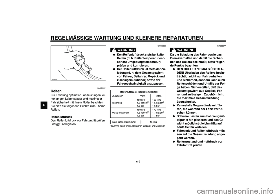 YAMAHA SLIDER 50 2003  Betriebsanleitungen (in German) REGELMÄSSIGE WARTUNG UND KLEINERE REPARATUREN
6-9
6
GAU04551*
Reifen Zur Erzielung optimaler Fahrleistungen, ei-
ner langen Lebensdauer und maximaler 
Fahrsicherheit mit Ihrem Roller beachten 
Sie bi