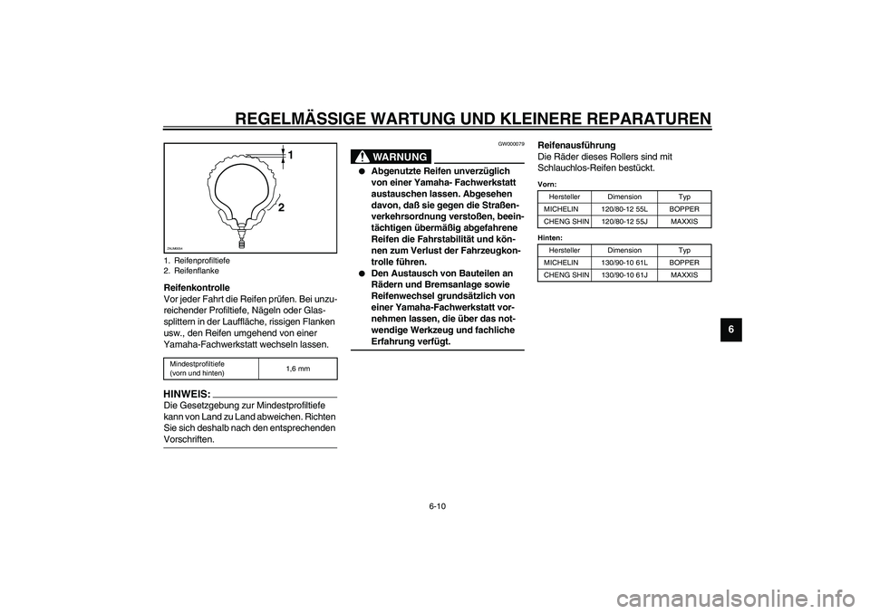 YAMAHA SLIDER 50 2003  Betriebsanleitungen (in German) REGELMÄSSIGE WARTUNG UND KLEINERE REPARATUREN
6-10
6
Reifenkontrolle
Vor jeder Fahrt die Reifen prüfen. Bei unzu-
reichender Profiltiefe, Nägeln oder Glas-
splittern in der Lauffläche, rissigen Fl