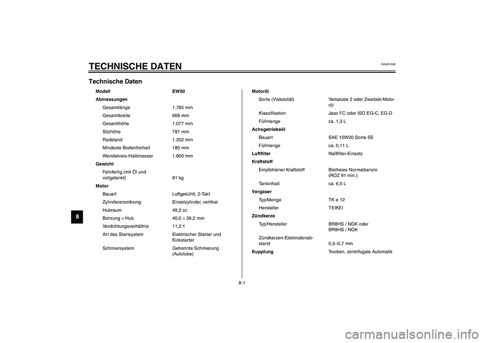 YAMAHA SLIDER 50 2003  Betriebsanleitungen (in German) 8-1
8
GAU01038
8-TECHNISCHE DATENTechnische Daten CS-01G
Modell EW50
Abmessungen
Gesamtlänge 1.785 mm
Gesamtbreite 668 mm
Gesamthöhe 1.077 mm
Sitzhöhe 787 mm
Radstand 1.202 mm
Mindeste Bodenfreihei