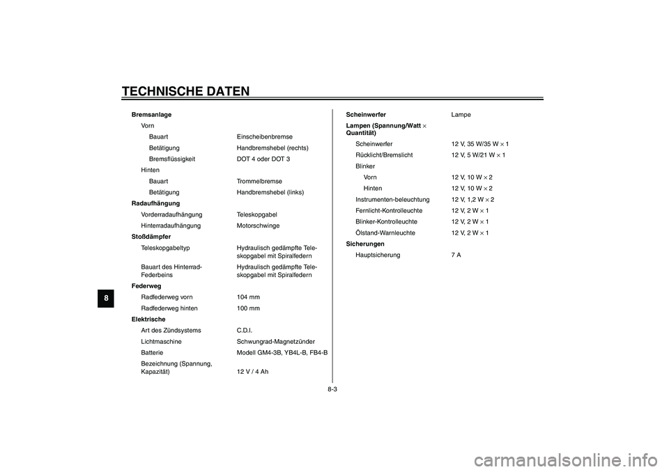 YAMAHA SLIDER 50 2003  Betriebsanleitungen (in German) TECHNISCHE DATEN
8-3
8
Bremsanlage
Vo r n
Bauart Einscheibenbremse
Betätigung Handbremshebel (rechts)
Bremsflüssigkeit DOT 4 oder DOT 3
Hinten
Bauart Trommelbremse
Betätigung Handbremshebel (links)
