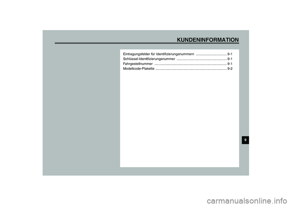 YAMAHA SLIDER 50 2003  Betriebsanleitungen (in German) KUNDENINFORMATION
9
Eintragungsfelder für Identifizierungsnummern  ................................ 9-1
Schlüssel-Identifizierungsnummer .................................................... 9-1
Fahr