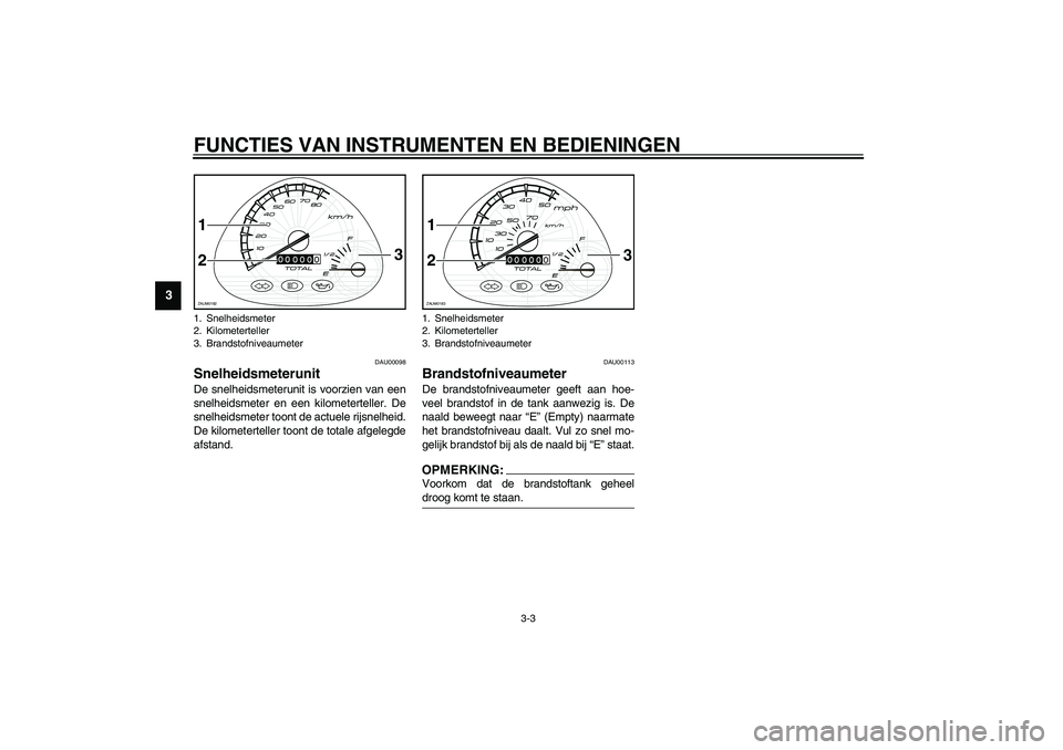 YAMAHA SLIDER 50 2003  Instructieboekje (in Dutch) FUNCTIES VAN INSTRUMENTEN EN BEDIENINGEN
3-3
3
DAU00098
Snelheidsmeterunit De snelheidsmeterunit is voorzien van een
snelheidsmeter en een kilometerteller. De
snelheidsmeter toont de actuele rijsnelhe