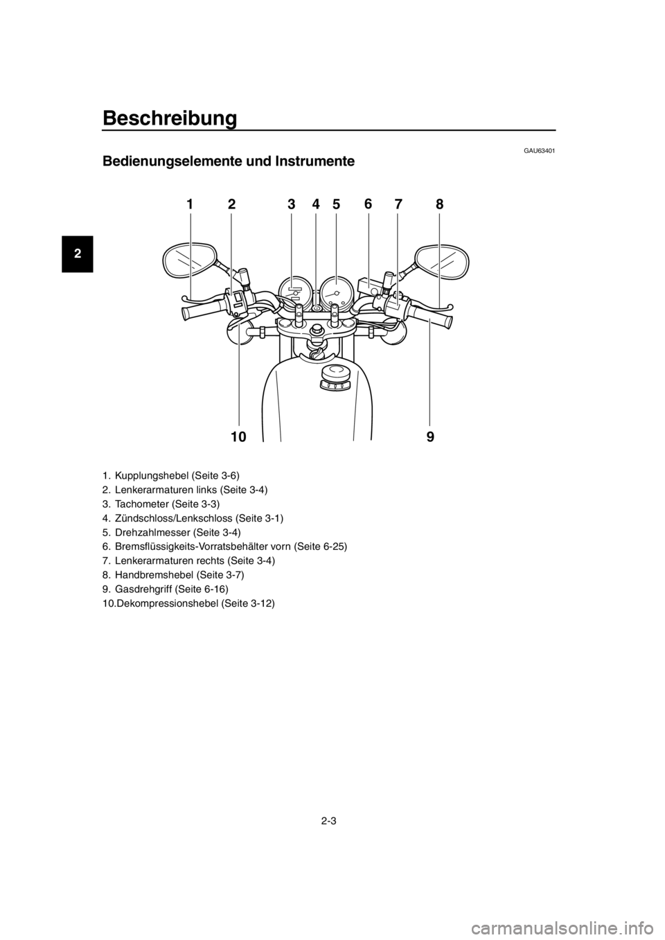 YAMAHA SR400 2016  Betriebsanleitungen (in German) Beschreibung
2-3
1
2
3
4
5
6
7
8
9
10
11
12
13
14
GAU63401
Bedienungselemente und Instrumente
1. Kupplungshebel (Seite 3-6)
2. Lenkerarmaturen links (Seite 3-4)
3. Tachometer (Seite 3-3)
4. Zündschlo