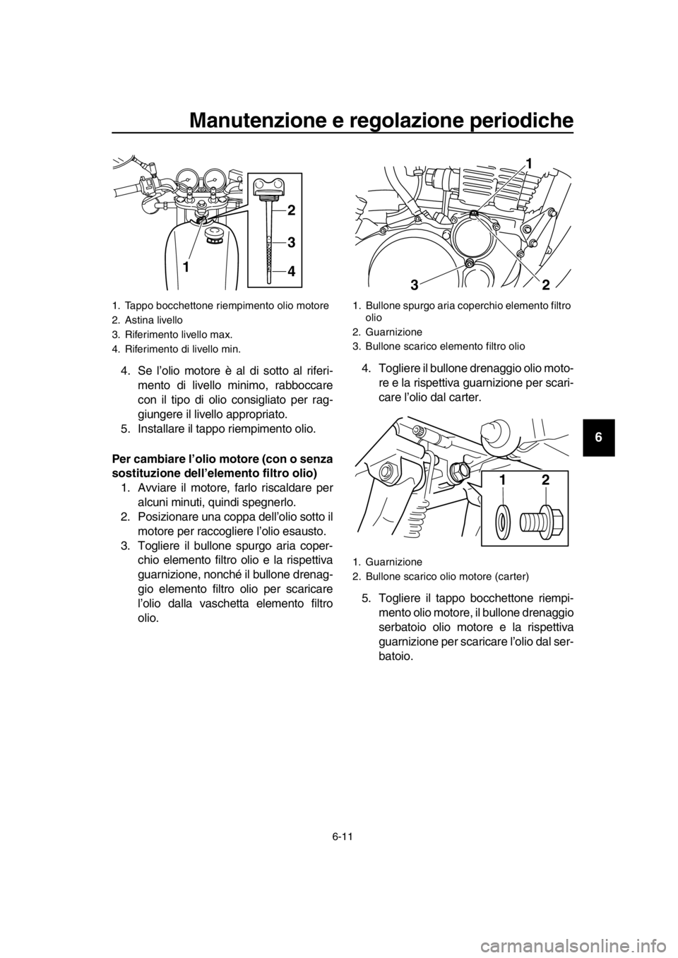 YAMAHA SR400 2016  Manuale duso (in Italian) Manutenzione e regolazione periodiche
6-11
1
2
3
4
5
6
7
8
9
10
11
12
13
14
4. Se l’olio motore è al di sotto al riferi- mento di livello minimo, rabboccare
con il tipo di olio consigliato per rag-