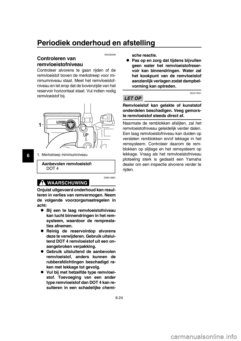 YAMAHA SR400 2016 Instructieboekje (in Dutch) Periodiek onderhoud en afstelling
6-24
1
2
3
4
5
6
7
8
9
10
11
12
13
14
DAU32346
Controleren van
remvloeistofniveau
Controleer alvorens te gaan rijden of de
remvloeistof boven de merkstreep voor mi-
YAMAHA SR400 2016 Instructieboekje (in Dutch) Periodiek onderhoud en afstelling
6-24
1
2
3
4
5
6
7
8
9
10
11
12
13
14
DAU32346
Controleren van
remvloeistofniveau
Controleer alvorens te gaan rijden of de
remvloeistof boven de merkstreep voor mi-