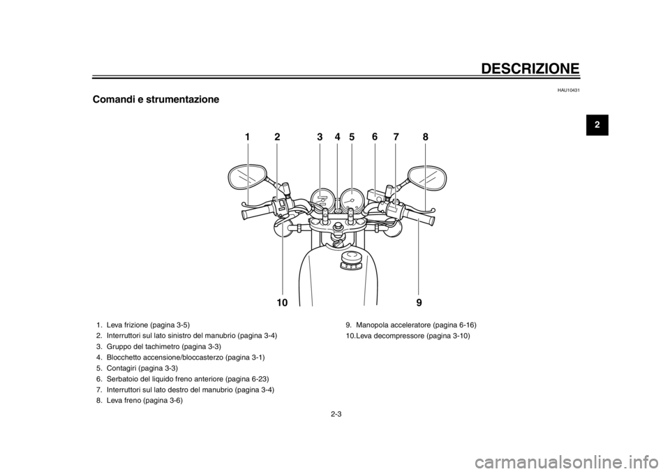 YAMAHA SR400 2014  Manuale duso (in Italian) DESCRIZIONE
2-3
123
4
5
6
7
8
9
10
11
12
HAU10431
Comandi e strumentazione
12 345 78
9
6
10
1. Leva frizione (pagina 3-5)
2. Interruttori sul lato sinistro del manubrio (pagina 3-4)
3. Gruppo del tach